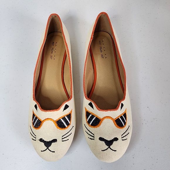 Cat Face Shoes Flats Womens 9.5 Kitten Embroidered Hot Polka Dot Cream Orange - Picture 4 of 10